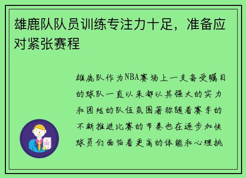 雄鹿队队员训练专注力十足，准备应对紧张赛程