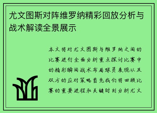 尤文图斯对阵维罗纳精彩回放分析与战术解读全景展示